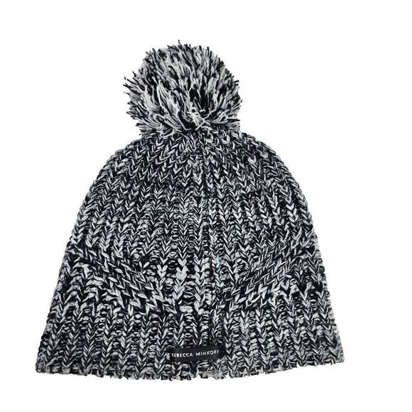 Rebecca Minkoff Black Gray Winter Beanie Pom Pom Knit Hat Snow Beanie Hats - Picture 1 of 8